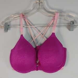 Victoria's Secret Semi Demi Front Closure Fuchsia Strappy Bra Size 34DD